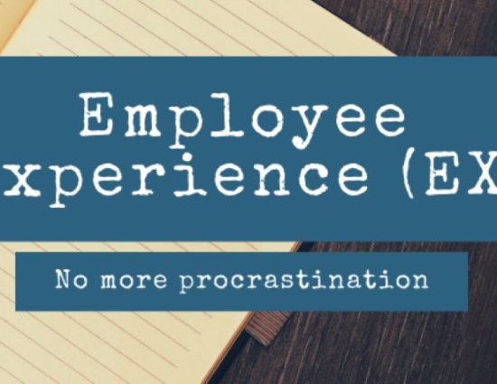 Yellow legal pad with text over it that reads, "Employee Experience (EX) No More Procrasitnation"
