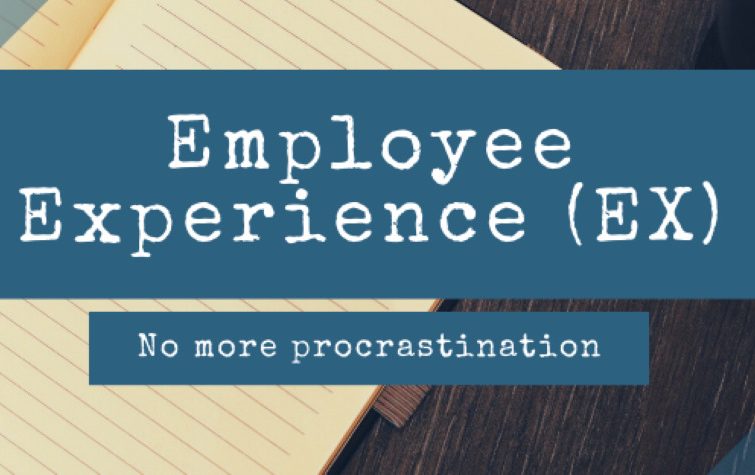 Yellow legal pad with text over it that reads, "Employee Experience (EX) No More Procrastination"