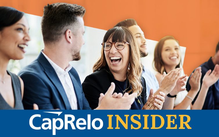 Coworkers smiling and clapping with the text, "CapRelo Insider" below the image