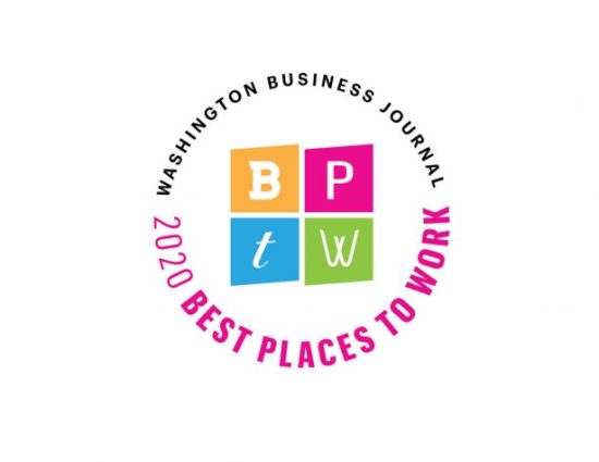Colorful square graphic with circular text that reads, "Washington Business Journal 2020 Best Places to Work