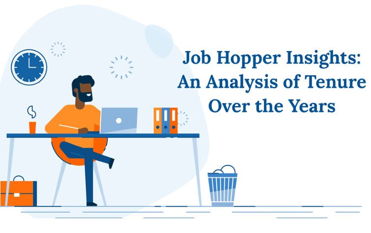 Graphic of a man sitting in front of a laptop with the text, "Job Hopper Insights: An Analysis of Tenure Over the Years"
