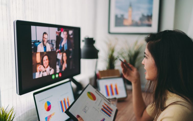 Woman on team video call