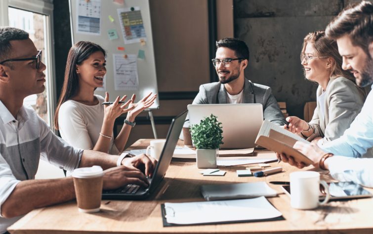 work team in a meeting in a conference room