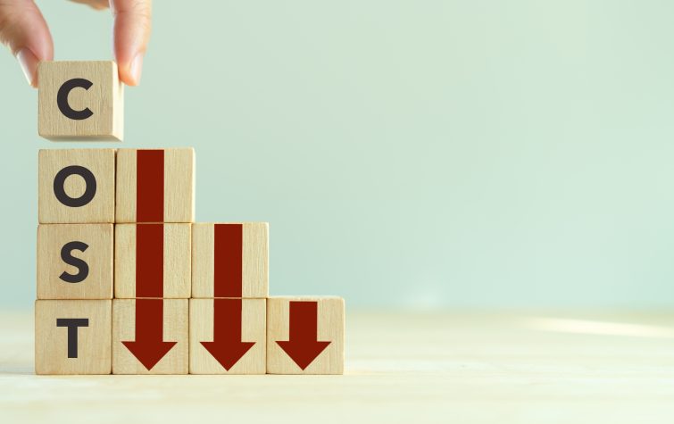 building blocks with downward arrows and the word cost to indicate reduction in cost