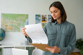 HR professional reviewing employee relocation package documents and relocation planning checklist