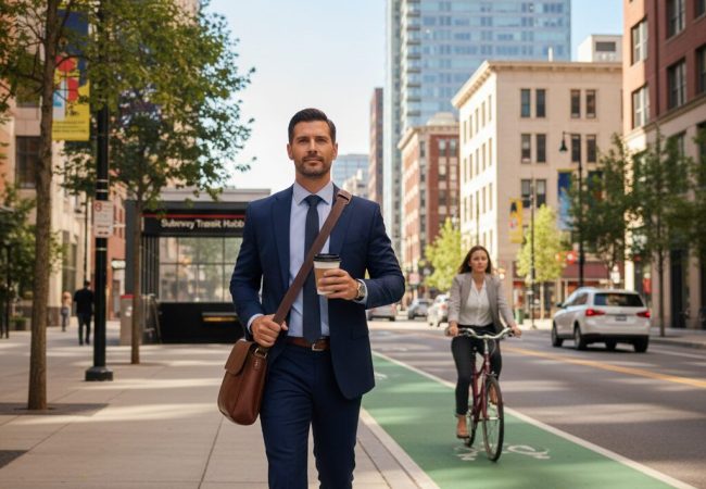 A professional walking toward public transportation in a residential urban neighborhood.