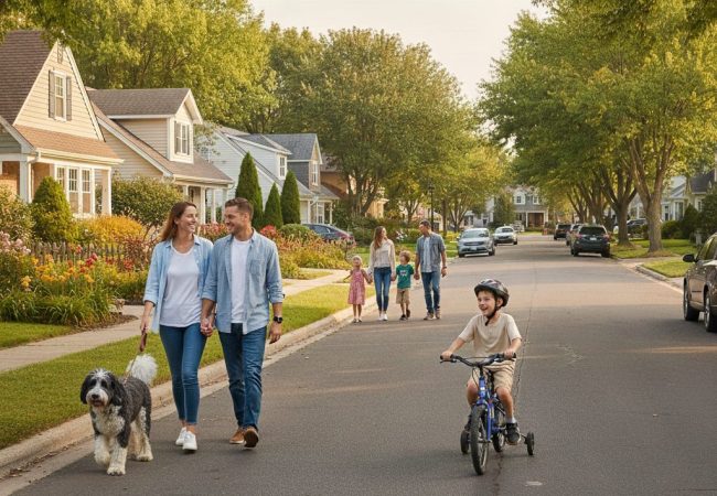 People walking and socializing along a quiet residential neighborhood street during the day.
