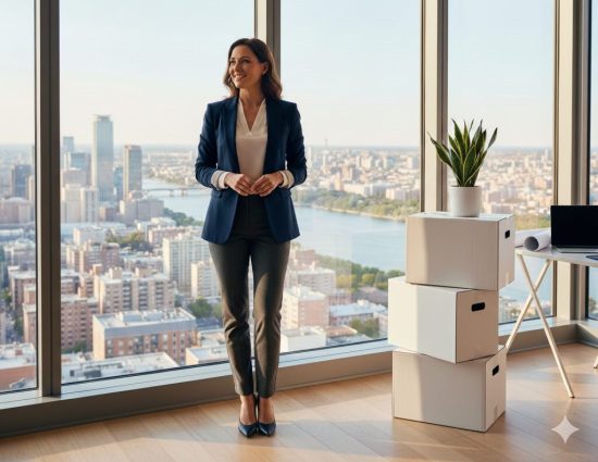 Professional woman standing in a modern office with moving boxes, overlooking a city skyline, representing employee relocation and career transition.