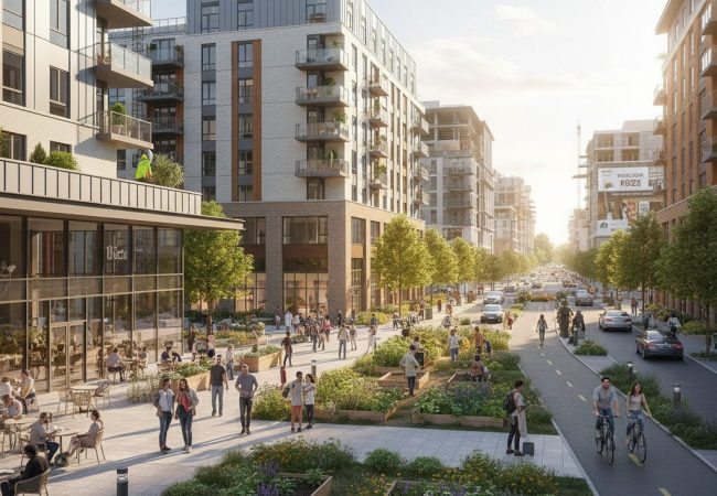 Modern residential buildings in a growing community with surrounding green spaces.