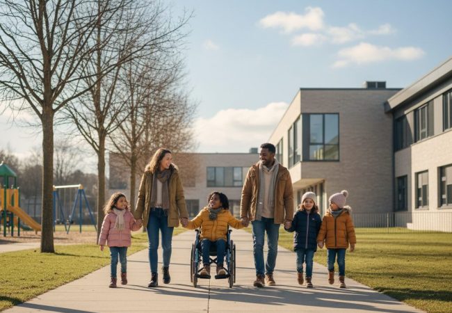Adults walking with children toward a neighborhood school building in a suburban area.