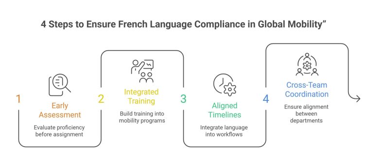 Steps for HR teams to ensure language compliance in global mobility including assessment, training, and planning