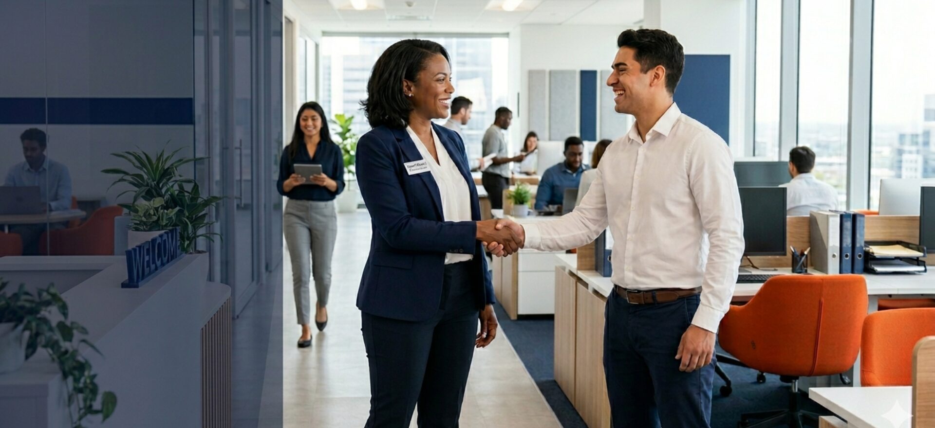 A CapRelo consultant shaking hands with a smiling employee in a bright, modern office with a Welcome sign at the reception desk