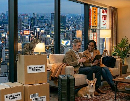 A professional couple planning their international relocation with moving boxes and a city skyline.