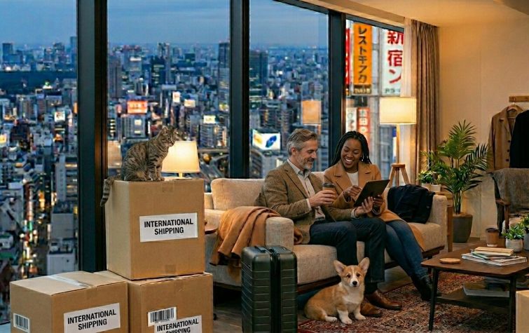 A professional couple planning their international relocation with moving boxes and a city skyline.