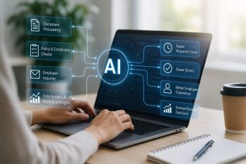 AI dashboard showing document processing, compliance checks, and employee support workflows
