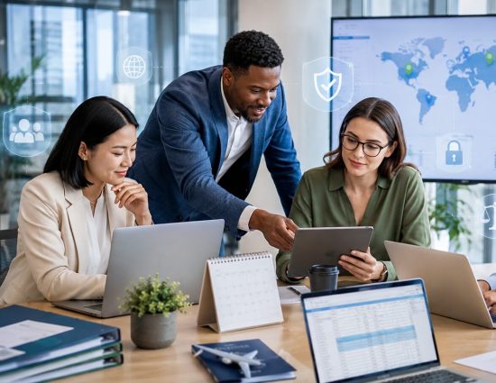 Global mobility team reviews relocation technology with map, compliance, and security icons.