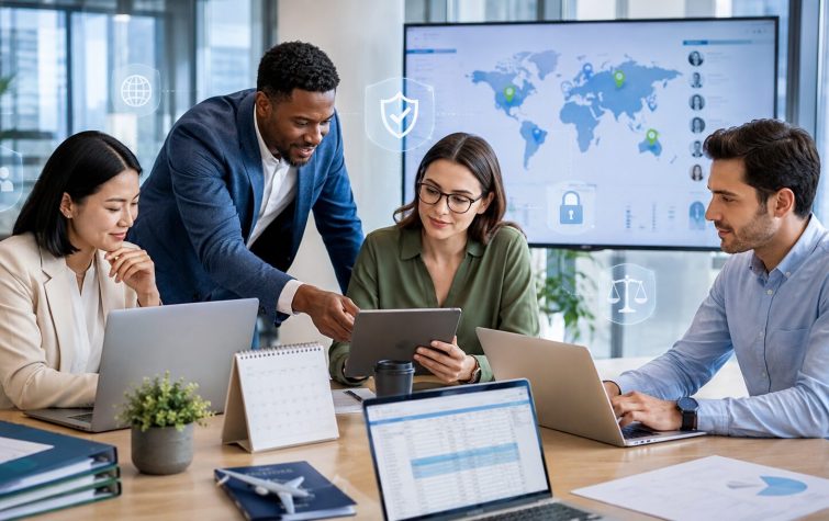 Global mobility team reviews relocation technology with map, compliance, and security icons.