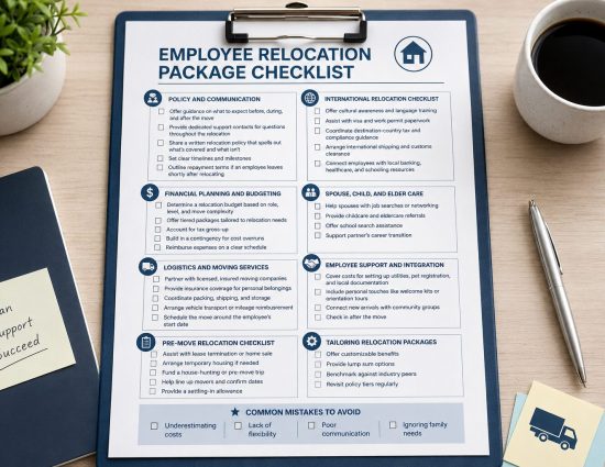 Employee relocation package checklist outlining relocation planning, budgeting, moving services, family support, and HR guidance