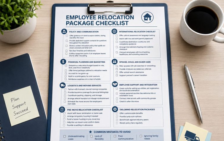Employee relocation package checklist outlining relocation planning, budgeting, moving services, family support, and HR guidance