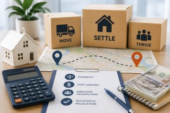 Employee relocation planning desk with moving boxes, map, calculator, and lump sum relocation package budget materials