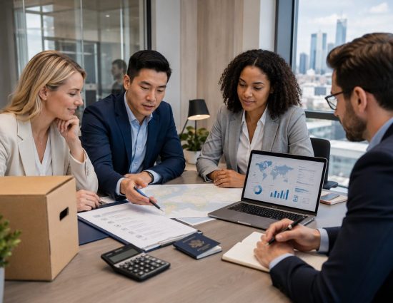 HR team reviews relocation planning materials and cost-of-living data for employee mobility support