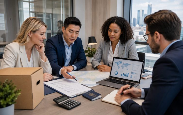 HR team reviews relocation planning materials and cost-of-living data for employee mobility support