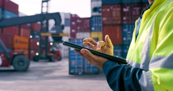 Logistics professional reviewing shipping and cargo information on a tablet at a port facility