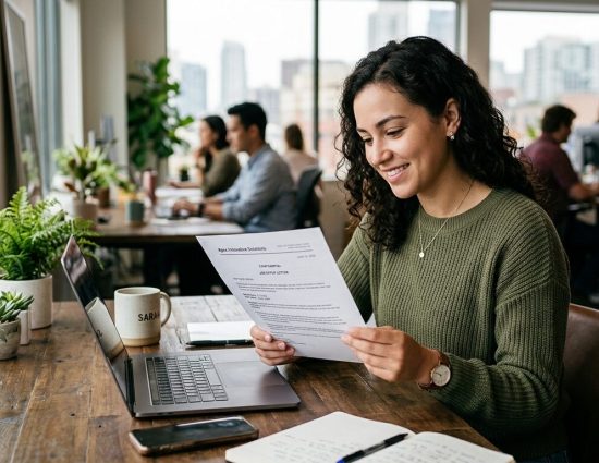 Employee reviewing relocation documents while working in a modern office