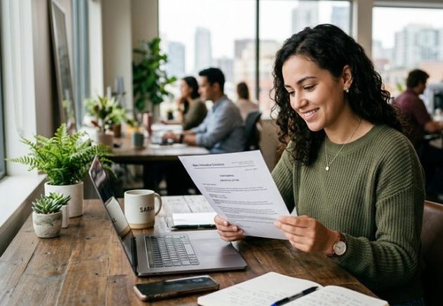 New hire reviewing a job offer letter with relocation assistance details alongside an HR mobility leader