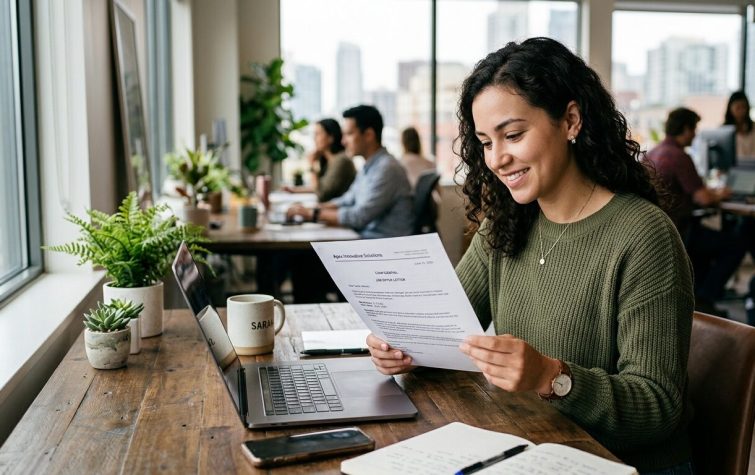 Employee reviewing relocation documents while working in a modern office
