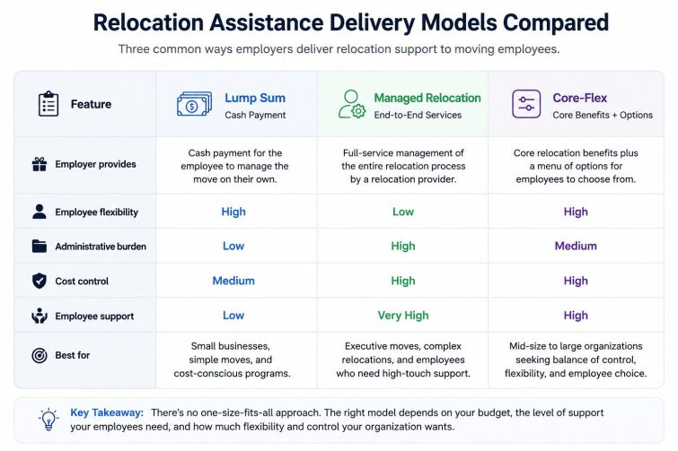 Comparison table showing the differences between lump sum, managed relocation, and core-flex relocation assistance programs.