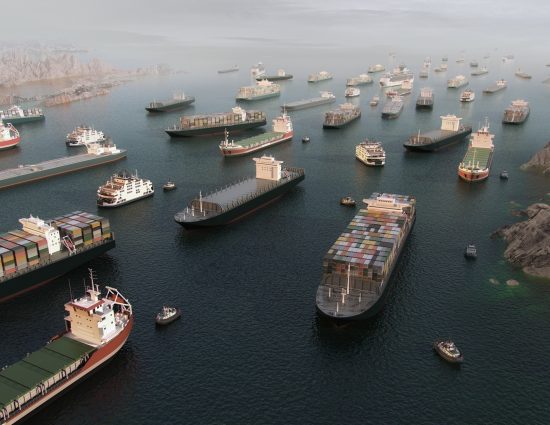Aerial view of cargo vessel congestion blocking maritime traffic in the Strait of Hormuz, representing supply chain disruption affecting global mobility programs
