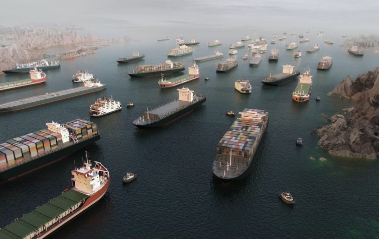 Aerial view of cargo vessel congestion blocking maritime traffic in the Strait of Hormuz, representing supply chain disruption affecting global mobility programs