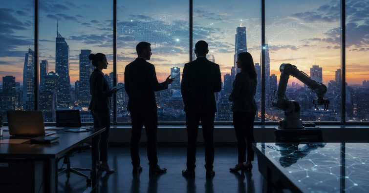 Global mobility leaders review workforce automation trends in a modern office