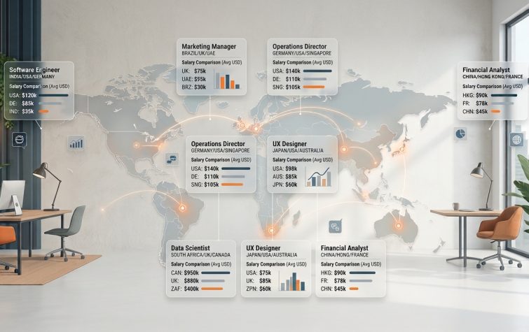 World map comparing average salaries across countries and job roles
