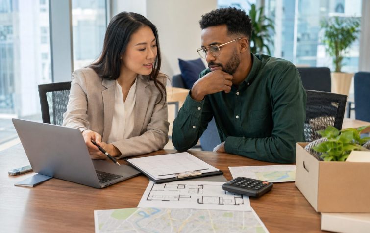 Mobility professional reviewing relocation costs and housing plans with an employee